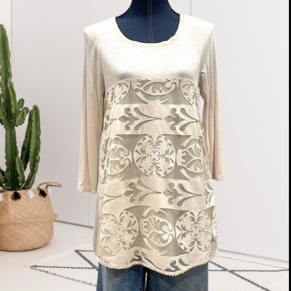 NEW Anthropologie Lace blouse top SMALL Cream Meadow Rue capriccio 3/4 Sleeve